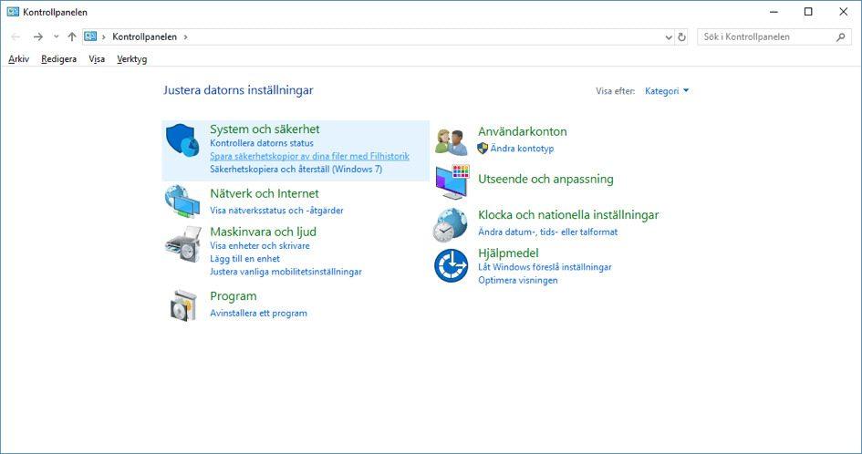 Öppna kontrollpanelen